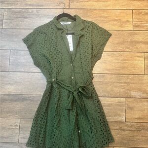 Zara Green Sundress with Polo Collar and Dolman Cap Sleeves